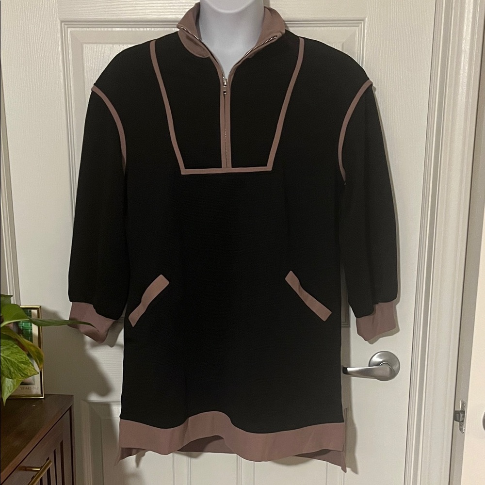 Medium Oversized Women's Black Pullover Top with Taupe Trim Half Zip